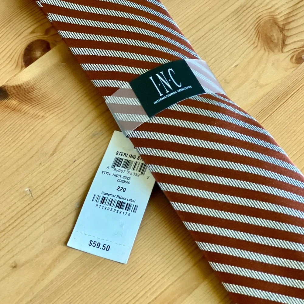 INC International Concepts Men's Cognac Brown Striped Tie NWT $59.50‎